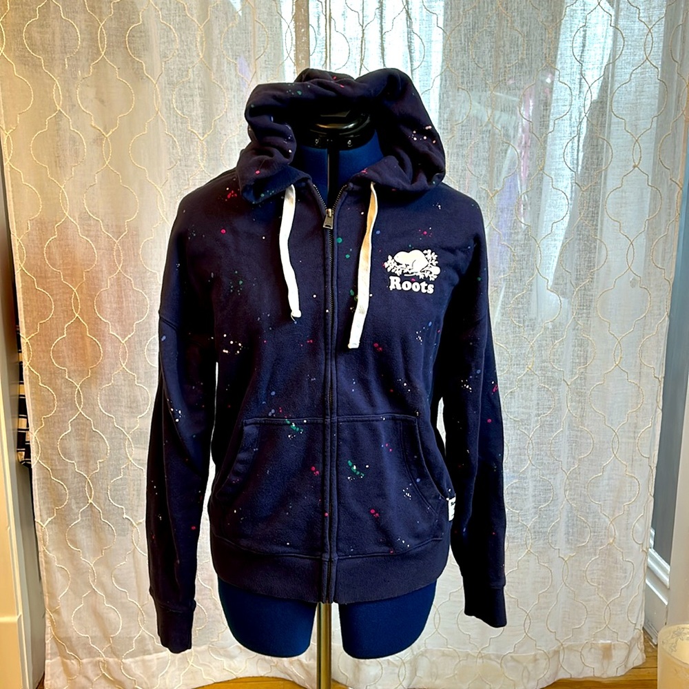 Roots Navy Blue Zip Up Hoodie Sweatshirt with Subtle Paint Splatter Detail S